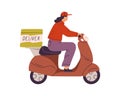 Woman courier driving scooter with delivery box. Deliverywoman riding moped. Person delivering food and goods on Royalty Free Stock Photo