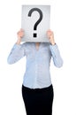 Woman cover face with question board