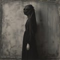 A woman covered in a black garment stands side-on against a mottled grey backdrop, with a hidden face Royalty Free Stock Photo