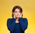Woman, covering ears. Hear no evil concept Royalty Free Stock Photo