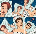 Woman covering ears while man snoring in bed at home sleep problem vector.