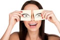 Woman covering eyes with stickers Royalty Free Stock Photo