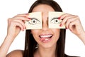 Woman covering eyes with stickers Royalty Free Stock Photo