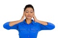 Woman covering her ears with hands, eyes and mouth closed shut Royalty Free Stock Photo
