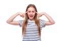 woman covering her ears on white background Royalty Free Stock Photo