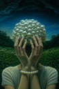 the woman is covering her face with pearl beads and pearls Royalty Free Stock Photo