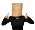 Woman covering his head using a paper bag. Royalty Free Stock Photo