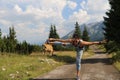 Woman with cow in the background Royalty Free Stock Photo