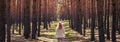 Woman with cowboy hat hiking on footpath in forest Royalty Free Stock Photo