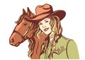 Woman with cowboy hat portrait and horse. Vector han drawn illustration isolated on white Royalty Free Stock Photo