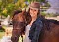 Woman or cowgirl, portrait and horse on farm to train or feed and grooming for animal or pet care. Person, stallion and Royalty Free Stock Photo