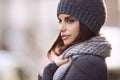 Woman, cozy and fashion with beanie, cold and winter for comfort and warm. Designer, gen z and urban with trendy, style