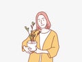 Woman in cozy outfit holding plant Happy posing simple korean style illustration