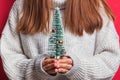 Woman in cozy sweater holding decorative mini Christmas tree