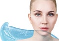 Woman with cream dots on face in blue water splash