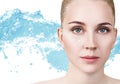 Woman with cream dots on face in blue water splash