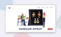 Woman Create Bijouterie Landing Page Template. Female Character Making Jewelry of Copper Wire String and Colorful Beads