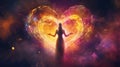 Woman creating a glowing heart made of light and energy. Spiritual love, romance, and Valentine Day concepts. Generative AI