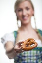 Woman with a crisp baked pretzel