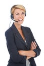 Woman, crm and call centre headset in studio, customer service and operator by white background. Female person Royalty Free Stock Photo