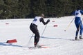 A woman cross-country skiing in the Alps