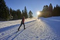 Woman cross-country skiing short before sunset in the Bregenz Forest Mountains Royalty Free Stock Photo