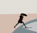 Woman cross the street with umbrella jumping over a puddle, wet feet and anger at the weather.