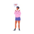 Woman crossed arms, says no or stop gesture, cartoon vector on white