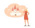 Woman in Crown on Head Imagine herself as Princess Dreaming on Pink Castle. Dreamer Female Character Desire Own Home