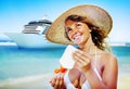 Woman Cruise Ship Beach Summer Sea Concept