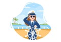 Woman Cruise Ship Captain Cartoon Illustration in Sailor Uniform Riding a Ships, Looking with Binoculars or Standing on the Harbor Royalty Free Stock Photo