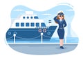 Woman Cruise Ship Captain Cartoon Illustration in Sailor Uniform Riding a Ships, Looking with Binoculars or Standing on the Harbor Royalty Free Stock Photo