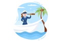 Woman Cruise Ship Captain Cartoon Illustration in Sailor Uniform Riding a Ships, Looking with Binoculars or Standing on the Harbor Royalty Free Stock Photo