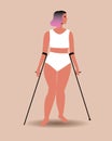 Woman on crutches in her underwear, Flat vector stock illustration, Appearance and body with disability