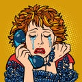 Woman crying human emotions. telephone conversation