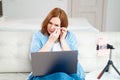 Woman cry on online counseling with psychologist Royalty Free Stock Photo