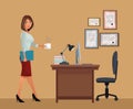 Woman with cup coffee office desk chair laptop lamp Royalty Free Stock Photo