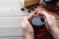 Woman with cup of fresh dogwood tea at wooden table, closeup. Space for text Royalty Free Stock Photo