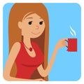 Woman with cup in her hand drinking hot coffee. Vector illustration icon