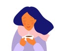 Woman with a cup of hot drink. Enjoy winter. Flat style. Cute portrait