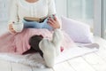 Woman with Cup tea Rest Plaid, Foot with White Socks Royalty Free Stock Photo