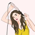 Woman curling hair with curling iron or flat iron. Haidresser illustration, beauty salon at home, teenager styling long hair, Royalty Free Stock Photo