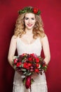 Woman with Curly Blond Hair. Bride with Flowers Royalty Free Stock Photo