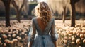 a woman with curly hair hidden face stands with her back.