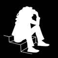 Woman with curly hair sitting on stairs. Stencil. Vector illustration of white silhouette of sitting girl isolated on Royalty Free Stock Photo