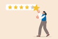 Woman customer giving five star rating. Positive online feedback, product or service evaluation. Customer review. Feedback