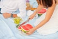 Woman cut red ripe watermelon into pieces. Family beach picnic Royalty Free Stock Photo