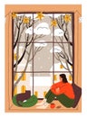 Woman and cute cat on cozy windowsill at home. Person and kitty sitting, watching through window on winter holiday Royalty Free Stock Photo