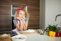 Woman and cute daughter cooking on kitchen, making dough for birthday party. Royalty Free Stock Photo