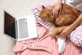 Woman with cute red cat and laptop on carpet at home Royalty Free Stock Photo